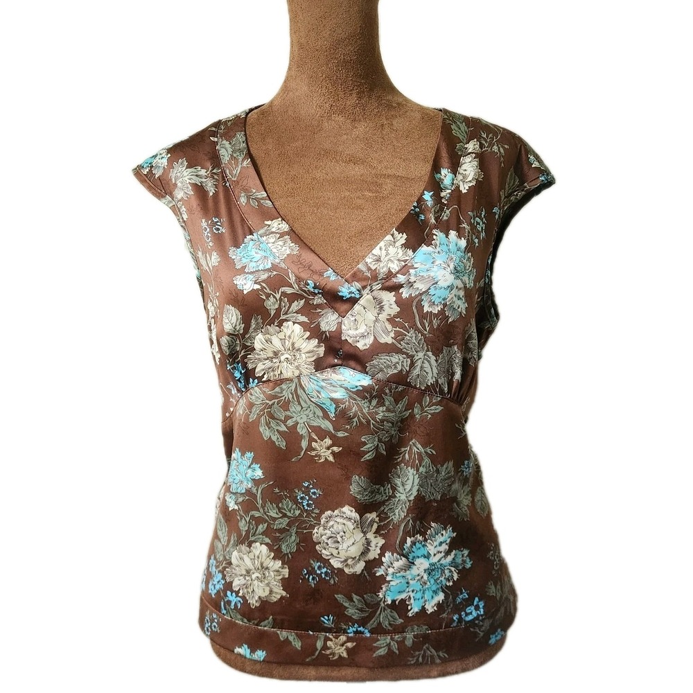 Vintage‎ Y2K Top Brown Floral Fall Blouse Size M Satin French Cuff Button Side